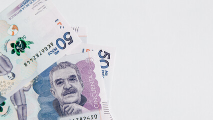 colombian money, fifty thousand pesos on white background