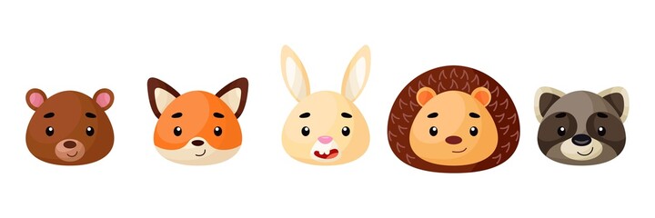 Cute woodland animals heads set. Collection funny animals characters for kids cards, baby shower, birthday invitation, house interior. Bright colored childish vector illustration. © Jexy