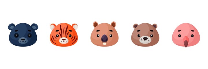 Cute animals heads set. Collection funny animals characters for kids cards, baby shower, birthday invitation, house interior. Bright colored childish vector illustration.