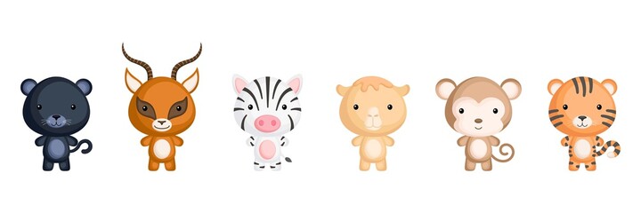 Collection of african little animals in cartoon style. Cute animals characters for kids cards, baby shower, birthday invitation, house interior. Bright colored childish vector illustration.