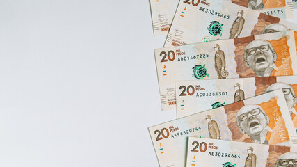 colombian money, twenty thousand pesos on white background