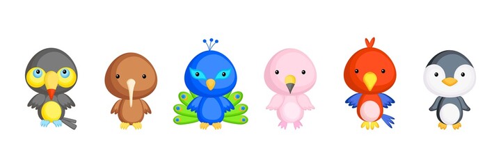 Fototapeta premium Collection of little birds in cartoon style. Cute animals characters for kids cards, baby shower, birthday invitation, house interior. Bright colored childish vector illustration.