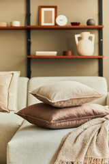 Stylish concept of living room interior with design beige sofa, brown pillows, wooden shled, decoration and elegant personal accessories. Template.