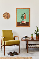 Vintage concept of living room interior with brwon mock up poster frame, retro armchair, table, plant, decoration book and elegant accessories in home decor. Template.