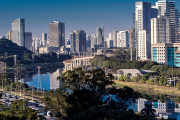City skyline, with Marginal Avenue and Pinheiros River in the foreground, in the south zone of Sao Paulo, Brazil