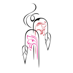 ornament 1781. decorative element with stylized flowers on stems with leaves and curls in colored lines on a white background