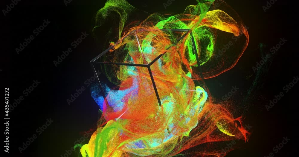 Poster abstract cube and colorful iridescent particle flow. rotation of a cube and fluid dynamic. 4k loop