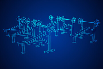 Barbell with weights. Gym equipment. Bodybuilding, powerlifting, fitness concept. Wireframe low poly mesh vector illustration.