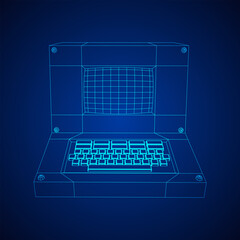 Classic retro perconal computer. Programming code concept. Wireframe low poly mesh vector illustration