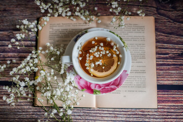 Cup of tea with lemon and opened book on the table in the room. 
