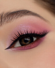 Beautiful macro shot of female eye make-up in pink smoky eyes style and arrow. Brown eye. Creative make-up. Perfect shape make-up and long lashes. Cosmetics. Beautiful eyes make-up. Close-up