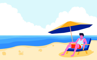 On a summer vacation, a young man lounged comfortably on a beach chair by the blue sea under large umbrella to block the sunlight on the fine sand in a beautiful sky with big cloudy day.