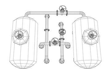 Oil tank storage of flammable materials and pipeline with valve. Finance economy polygonal petrol production. Petroleum fuel industry transportation line. Wireframe low poly mesh vector illustration.