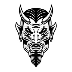 Devil or lucifer head vector monochrome illustration in vintage style isolated on white background