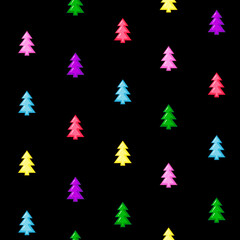 bright and joyful seamless pattern with multicolor trees isolated on the black background. Vector illustration