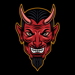 Devil head colored illustration in cartoon style isolated on dark background