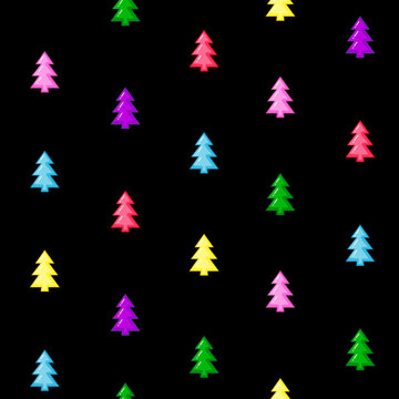 bright and joyful seamless pattern with multicolor trees isolated on the black background. Vector illustration