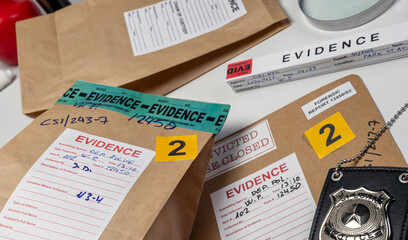Files and evidence bag in a crime lab, conceptual image