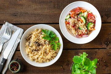 couscous salad tomato, onion, cucumber, spices vegetables appetizer fresh portion organic on the table healthy food meal snack copy space food background rustic. top view keto or paleo diet