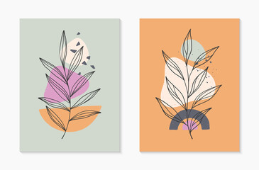 Set of modern abstract vector illustrations with organic various shapes and foliage line art.Minimalist wall art decor.Trendy artistic designs for banners;social media,invitations,covers,wallpaper.