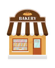 Bakery shop building with bakery products  and signboard. Bakery store, bread, dessert shop, cake. Market, supermarket.