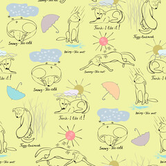 Vector seamless pattern Weather Forecast for Dogs, also use separately for spot illustrations. Sketches of a pooch in various moods depending on weather - sun, rain, fog, snow, and comfortable day.