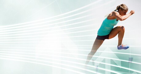 Composition of athletic woman jumping on white background
