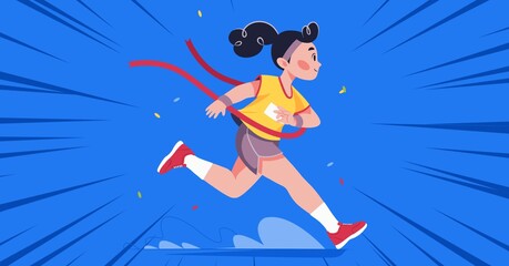 Composition of animated athletic woman running on blue background