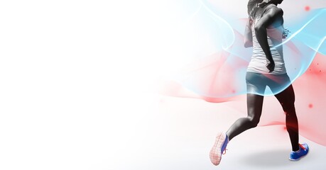Composition of athletic woman running on white background