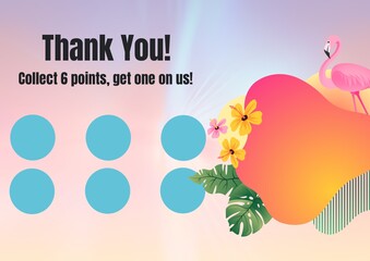Obraz premium Composition of thank you text with six dots for loyalty stamps with flamingo and exotic pattern