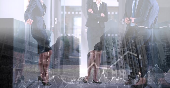 Composition of business people outside of office over cityscape