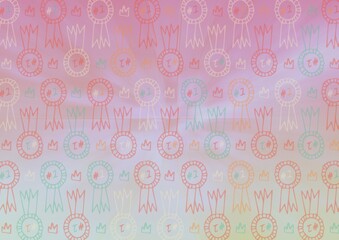 Composition of repeated pink number 1 rosettes on soft pink, blue and yellow background