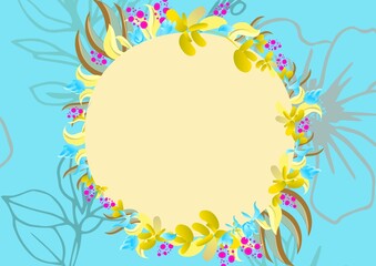 Composition of central circular yellow copy space with tropical plant elements on blue background