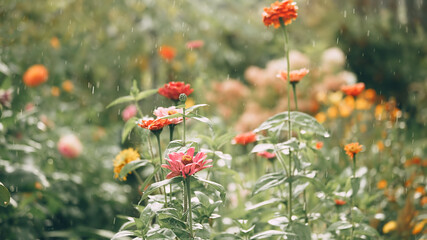 zinnias in the garden in the summer rain - obrazy, fototapety, plakaty