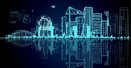 Composition of network of icons and scope over blue drawing of cityscape