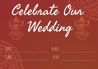 Composition of celebrate our wedding text and copy space on red asian pattern