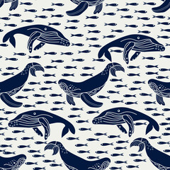 nahtloses Muster mit Wal und Fisch