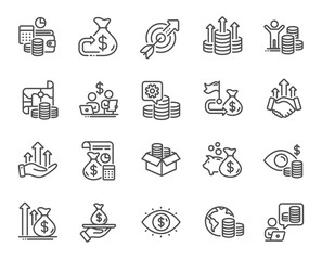 Finance line icons. Accounting coins, Budget Investment, Trade Strategy icons. Finance management, Budget gain and Business asset. Money economy, Loan in dollars and Treasure map. Vector