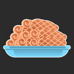 Baked wafer rolls in a plate. Tasty sweet treat. Cartoon illustration on black background