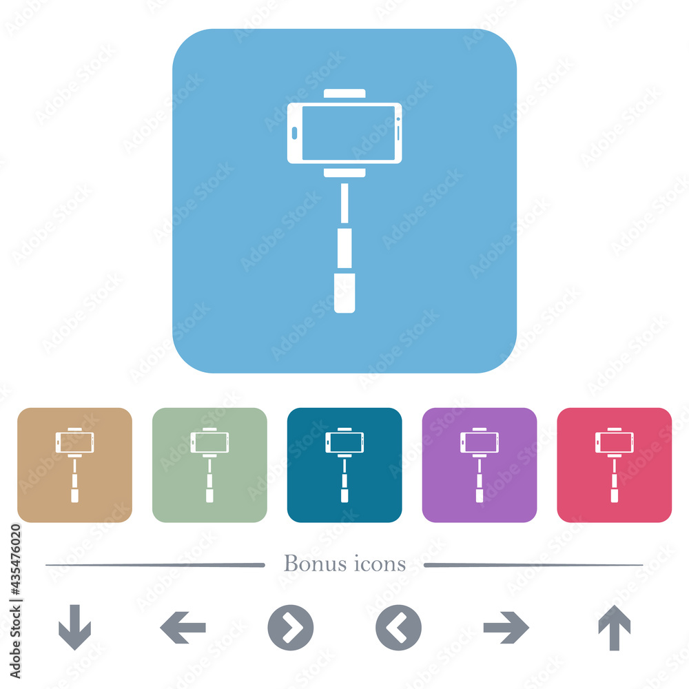 Poster smartphone on selfie stick front view flat icons on color rounded square backgrounds