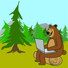 funny brown bear with laptop computer cartoon forest mountains trees Grizzly Bear Technology Animal Funny Camping  Vector Illustration 
