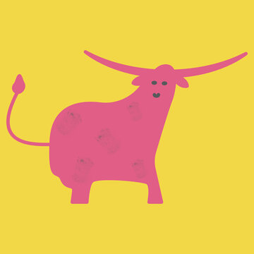 Pink cow with spots on yellow background, bull with horns poster, card, vector