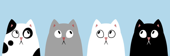 Set of four cute kawaii cats grey black and white banner header