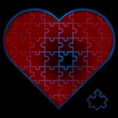 Heart puzzle without one piece. Black background