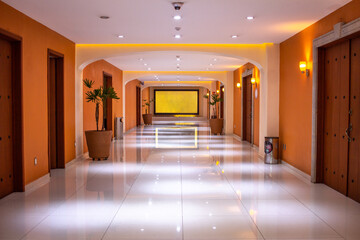 hallway of a luxurious and modern hotel where the rooms are located.