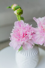 Living room interior. Bouquet of pink peonies in a vase on the background. Cozy. Spring. Home.
