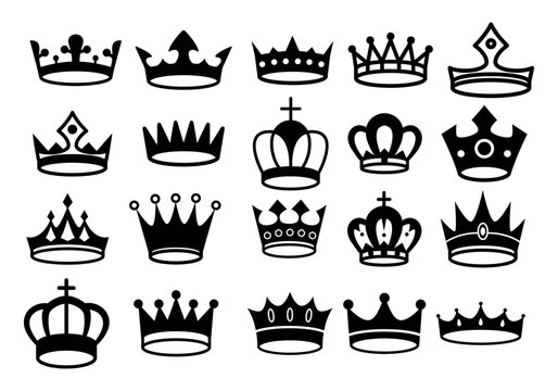 Crown icons. Queen king crowns luxury royal crowning princess tiara heraldic winner award jewel royalty monarch black flat silhouette, vector set.
