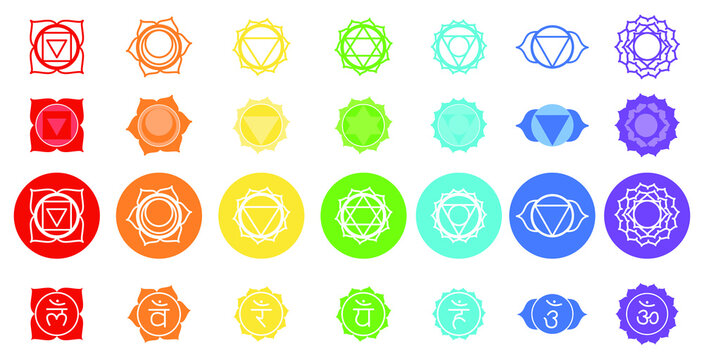 Vector symbol set of chakras. Solid character illustration of Hinduism and Buddhism. Color yoga chakra icons isolated on white. For design, associated with yoga and India.
