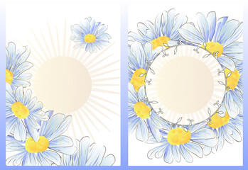 Light blue wildflowers. Chamomile. Floral pastel watercolor style. Spring bouquet. Perfect for postcards, wedding invitations, event banners. EPS10