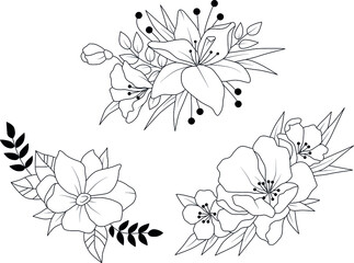 Spring flowers hand drawn vector set. Black brush flower silhouettes. Ink drawing wild plants, herbs or flowers, monochrome botanical illustration
